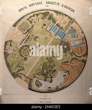 Plan of the Royal Botanic Society's Gardens, Regents Park. Drawing after E.M. Sowerby, 1886. Stock Photo