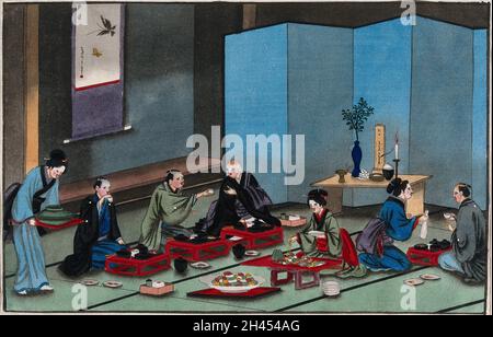 Japanese funeral customs: in the house of the dead man, relatives share a meal with a Buddhist monk. Watercolour, ca. 1880 (?). Stock Photo
