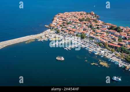 Aerial view of Sozopol historic seaside town in Burgas Province on the southern Black Sea Coast in Bulgaria Stock Photo