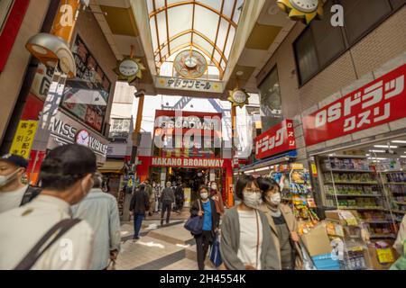 Nakano Sun Shopping Street is one of the famous shopping streets in Tokyo. Thousands of tourists visit it every day. It's very close to Nakano Station. Stock Photo