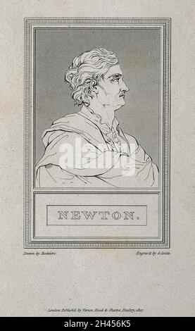 Sir Isaac Newton. Line engraving by G. Cooke, 1807, after J. Roettiers, 1739. Stock Photo