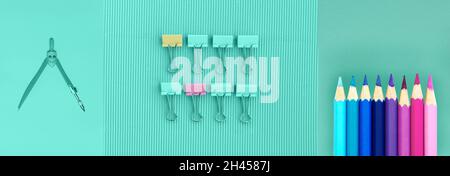 dividers paper clip and pinl purple color pencil stationary for study and working on mint green banner background Stock Photo