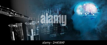 water dropper test tube and graph on black blue digital technology blur light line and artificial intelligence or AI graphic blue green  banner busine Stock Photo
