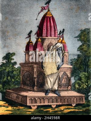 Dhumávati on a temple chariot. Coloured lithograph. Stock Photo