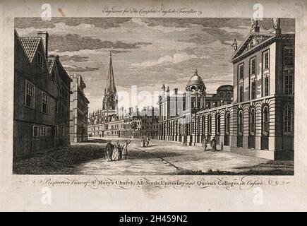 Queen's College, Oxford: showing panoramic view of All Souls College and St. Mary's Church. Line engraving. Stock Photo