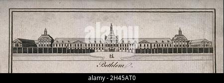 The Hospital of Bethlem [Bedlam] at Moorfields, London: seen from the north, with two figures in the foreground. Engraving. Stock Photo