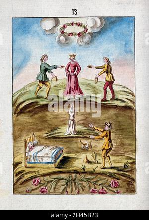 A queen in red is presented with dishes of blood on a hill; below, a ...