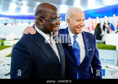 Rome, Italy. 31st Oct, 2021. U.S President Joe Biden poses with Democratic Republic of the Congo President Felix Tshisekedi, during the second day of the G20 Summit in the La Nuvola Conference Center, October 31, 2021 in Rome, Italy. Credit: Adam Schultz/White House Photo/Alamy Live News Stock Photo