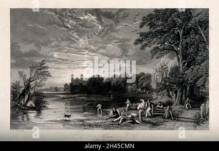 Boys bathing in the river by the playing fields, Eton College, Berkshire. Line engraving by J.T. Willmore after J.D. Harding. Stock Photo