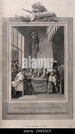 The Duke of Gloucester (later Richard III) accusing Jane (Elizabeth) Shore of witchcraft. Engraving. Stock Photo