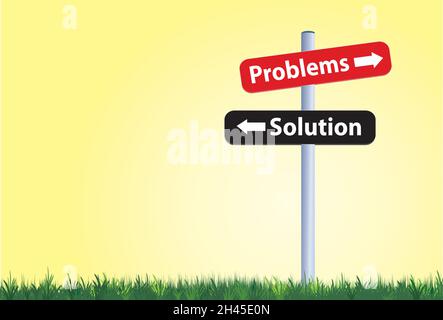 sign on sign post about solving problems and there solutions on yellow background Stock Vector