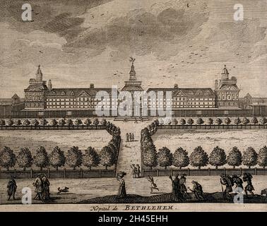 The Hospital of Bethlem [Bedlam] at Moorfields, London: seen from the south, with people walking in the foreground. Engraving. Stock Photo