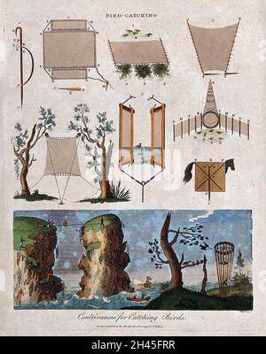 Hunting: traps and hides for catching birds. Coloured engraving Stock ...
