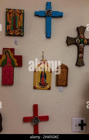 religious icons for sale in gift shop of San Felipe de Neri  Church, Old Town Albuquerque, New Mexico Stock Photo