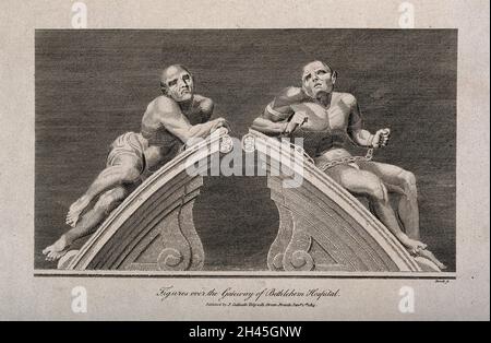 Statues of 'raving' and 'melancholy' madness, each reclining on one half of a pediment, formerly crowning the gates at Bethlem [Bedlam] Hospital. Engraving by A. Birrell, 1813, after T. Stothard, 1783, after C. Cibber, 1680. Stock Photo