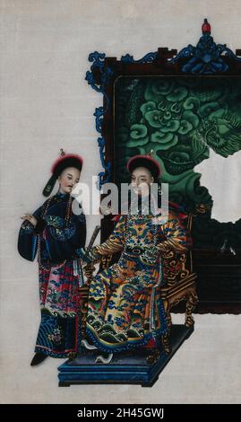 A high ranking Chinese official, seated on a double-headed dragon chair, with attendant, both dressed in richly patterned silks. Painting by a Chinese artist, ca. 1850. Stock Photo