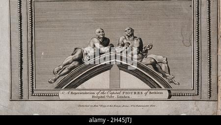 Statues of 'raving' and 'melancholy' madness, each reclining on one half of a pediment, formerly crowning the gates at Bethlem [Bedlam] Hospital. Engraving, 1784, after C. Cibber, 1680. Stock Photo