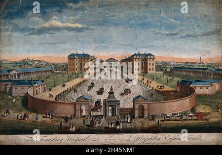 The Foundling Hospital, Holborn, London: a bird's-eye view of the courtyard. Coloured engraving by T. Bowles after L. P. Boitard, 1753. Stock Photo