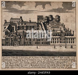 Queen's College, Oxford: bird's eye view and printed text. Line engraving. Stock Photo