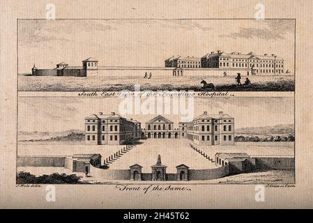 The Foundling Hospital, Holborn, London: a south-east view and a bird's-eye view. Engraving by J. Green after S. Wale, 1761. Stock Photo