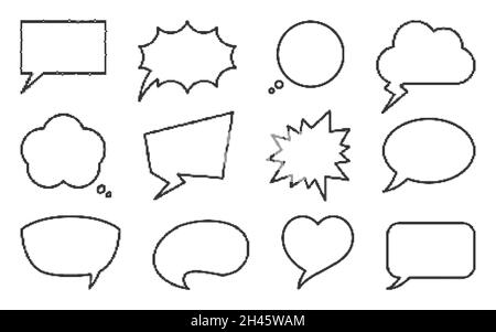 Speech bubble dialog pixel art chat black set. Abstract design sticker cartoon comic dialog balloon post user process idea. Label shape empty banner info icon comment discussion isolated on white Stock Vector