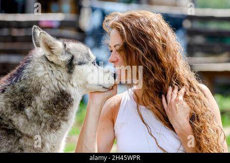 Beautiful red-haired woman hugging the husky. High quality photo Stock Photo