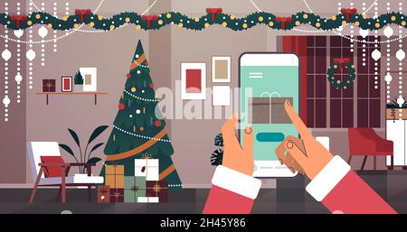santa claus hands choosing gifts on smartphone screen merry christmas happy new year winter holidays celebration Stock Vector