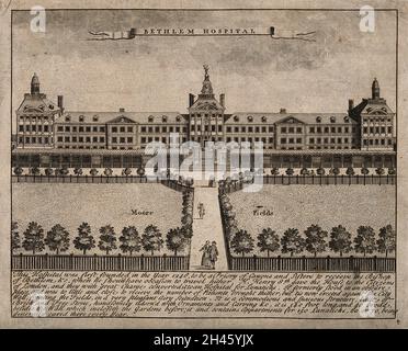 The Hospital of Bethlem [Bedlam] at Moorfields, London: seen from the north, with ladies and gentlemen walking in the foreground. Engraving. Stock Photo
