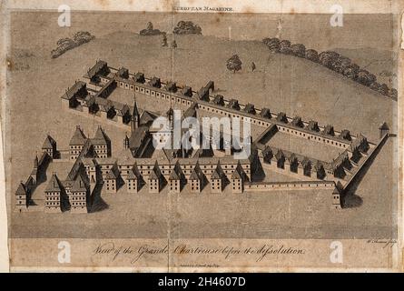 La Grande Chartreuse, monastery, near Grenoble, France: aerial view. Etching by W. Thomas, 1791. Stock Photo