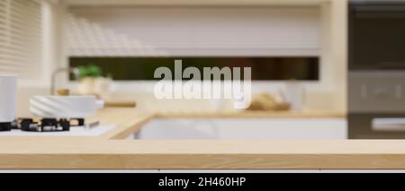 Close-up wooden kitchen countertop for montage over blurred furnished kitchen interior with appliances. 3d rendering, 3d illustration Stock Photo