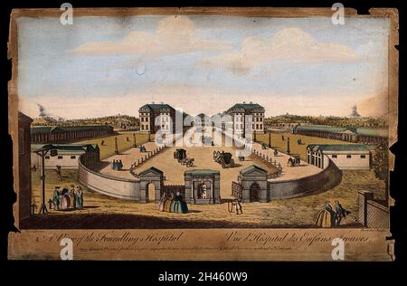 The Foundling Hospital, Holborn, London: a bird's-eye view of the courtyard. Coloured engraving by T. Bowles after L. P. Boitard, 1753. Stock Photo