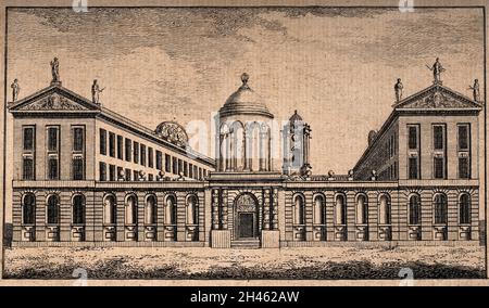 Queen's College, Oxford: panoramic view. Line engraving. Stock Photo