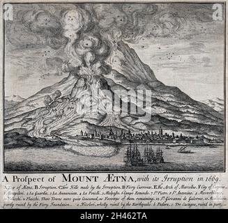 The eruption of Mount Etna in 1669. Etching. Stock Photo