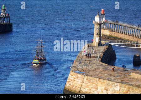 Replica of Bark Endeavour giving pleasure trips around Whitby Bay,North Yorkshire,UK Stock Photo