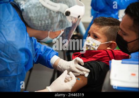 A child cries as he gets the first dose of the COVID-19 vaccine as the Colombian government begins to vaccinate children between ages 3 to 11 against the Coronavirus disease (COVID-19) with the China's SINOVAC vaccine, in Bogota, Colombia on October 31, 2021. Stock Photo