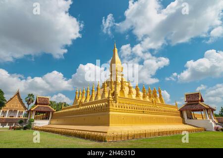 Vientiane Laos, city skyline at Wat Phra That Luang Golden Pagoda Stock Photo