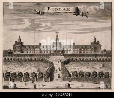 The Hospital of Bethlem [Bedlam] at Moorfields, London: seen from the north, with people walking in the foreground. Engraving. Stock Photo