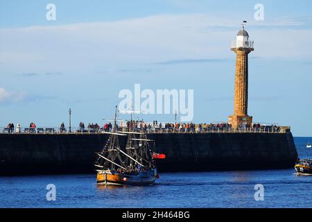 Replica of Bark Endeavour giving pleasure trips around Whitby Bay,North Yorkshire,UK Stock Photo