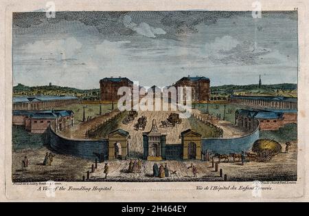 The Foundling Hospital, Holborn, London: a bird's-eye view of the courtyard. Coloured engraving by T. Bowles after L. P. Boitard, 1753. Stock Photo