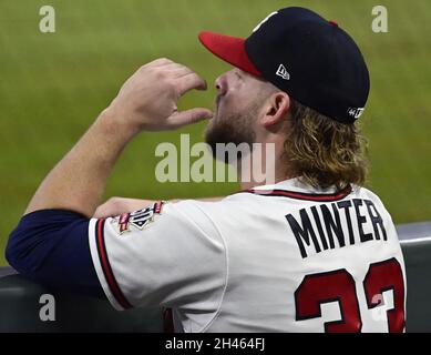 April 06, 2023: Atlanta Braves pitcher A.J. Minter delivers a pitch during  the ninth inning of a MLB game against the San Diego Padres at Truist Park  in Atlanta, GA. Austin McAfee/CSM(Credit