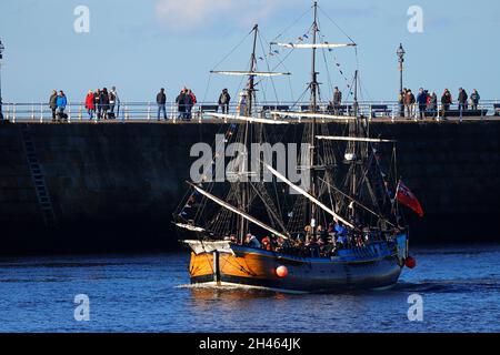 Replica of Bark Endeavour giving pleasure trips around Whitby Bay,North Yorkshire,UK Stock Photo