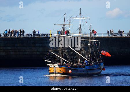 Replica of Bark Endeavour giving pleasure trips around Whitby Bay,North Yorkshire,UK Stock Photo