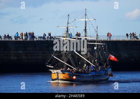 Replica of Bark Endeavour giving pleasure trips around Whitby Bay,North Yorkshire,UK Stock Photo