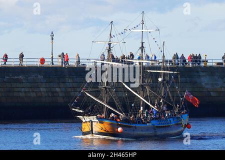 Replica of Bark Endeavour giving pleasure trips around Whitby Bay,North Yorkshire,UK Stock Photo