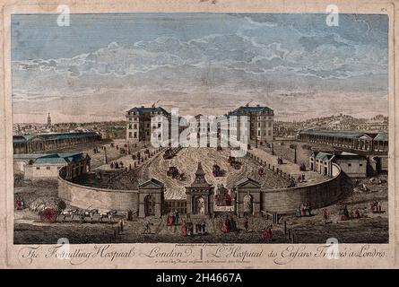 The Foundling Hospital, Holborn, London: a bird's-eye view of the courtyard. Coloured engraving, 1756. Stock Photo