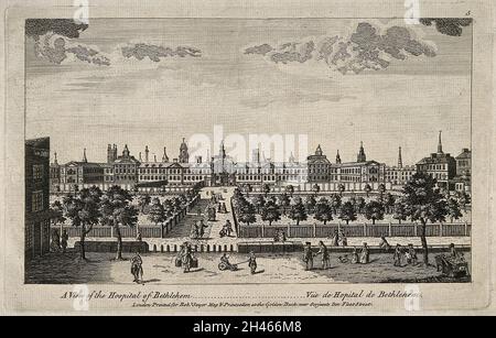 The Hospital of Bethlem [Bedlam] at Moorfields, London: seen from the north, with people in the foreground. Engraving, c. 1764. Stock Photo