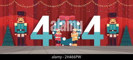 elves preparing for new year and christmas holidays celebration 404 page not found concept Stock Vector
