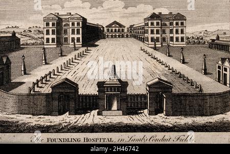 The Foundling Hospital, Holborn, London: a bird's-eye view of the courtyard. Engraving, 1753. Stock Photo