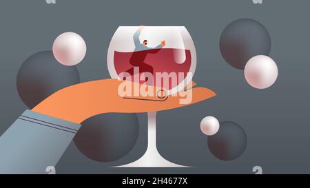 alcoholic man trapped in glass with wine alcohol addiction concept horizontal Stock Vector