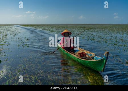 Buton, Indonesia. 02nd Oct, 2020. Sunarti (35 years old) rows her boat during sunsetThe life of the Bajo tribe, from birth to adulthood, lives and lives above the sea. everything is done there, from looking for food to all life activities carried out in the sea. Dimas Saputra (10 years old) is one of the many children who became an accomplished bajo child with extraordinary diving skills at a young age. Since childhood, his father Muhammad Ajran and his mother Sunarti have been accustomed to knowing and uniting with nature, namely the sea. Credit: SOPA Images Limited/Alamy Live News Stock Photo